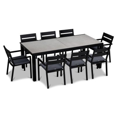 Calm Bay 9 Pc Extendable Dining Set in Black/Concrete/Canvas Charcoal by Lakeview