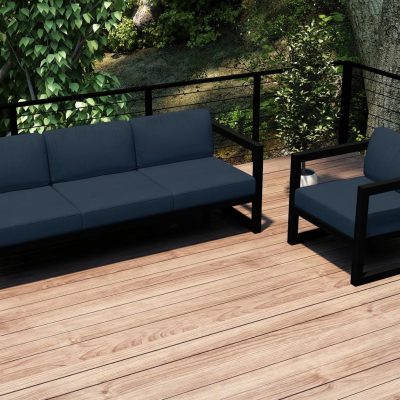 Misty Cove 2 Pc Aluminum Seating Set in Black W/ Spectrum Indigo Cushions By Lakeview