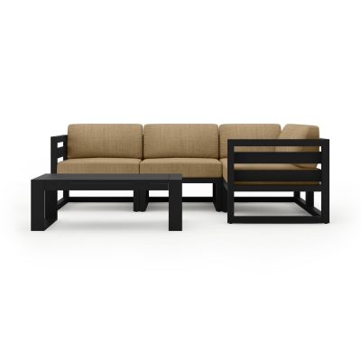 Misty Cove 5 Pc Aluminum Sectional Set in Black W/ Heather Beige Cushions & Portal Coffee Table By Lakeview