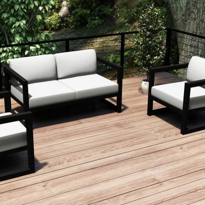 Misty Cove 3 Pc Aluminum Loveseat Set in Black W/ Canvas Natural Cushions By Lakeview