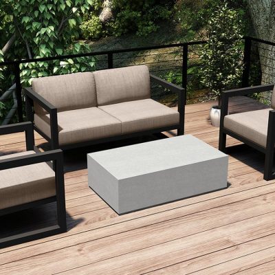 Misty Cove 4 Pc Aluminum Loveseat Set in Slate W/ Canvas Flax Cushions & Long Coffee Table By Lakeview