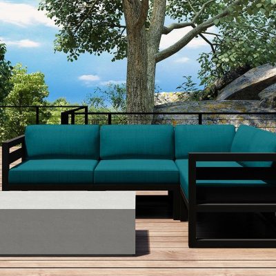 Misty Cove 5 Pc Aluminum Sectional Set in Slate W/ Spectrum Peacock Cushions & Long Coffee Table By Lakeview