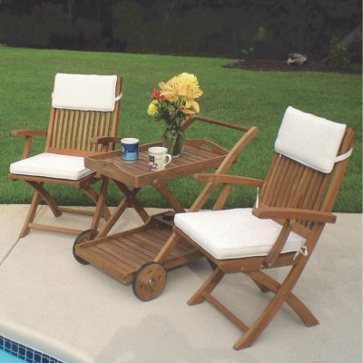 Sailor 3 Piece Teak Patio Bistro Set W/ Tray Cart And Sunbrella Canvas Natural Cushions By Royal Teak Collection