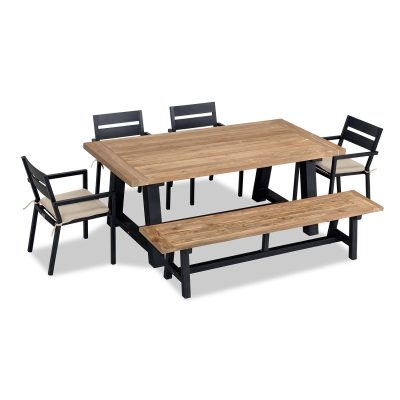 Calm Bay Mill 7 Pc Reclaimed Teak Dining Set w/ Bench in Black/Canvas Flax by Lakeview