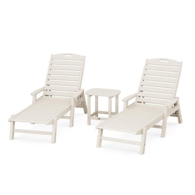 POLYWOOD Nautical 3-Piece Chaise Lounge W/Arms Set W/South Beach 18 Inch Side Table – Sand