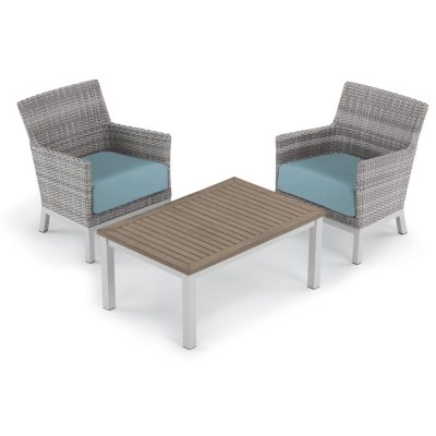 Argento 3 Piece Wicker Patio Conversation Set W/ Tekwood Vintage Coffee Table & Ice Blue Cushions By Oxford Garden