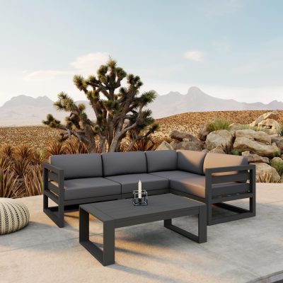 Misty Cove 5 Pc Aluminum Sectional Set in Slate W/ Canvas Charcoal Cushions & Portal Coffee Table By Lakeview