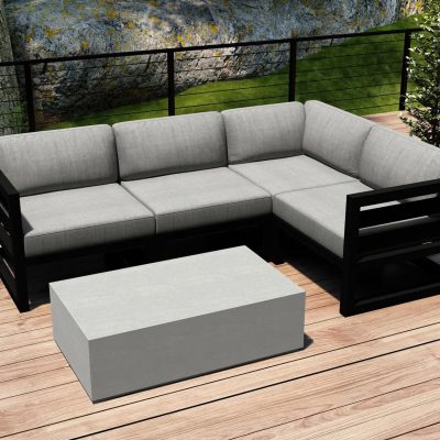 Misty Cove 5 Pc Aluminum Sectional Set in Black W/ Cast Silver Cushions & Long Coffee Table By Lakeview