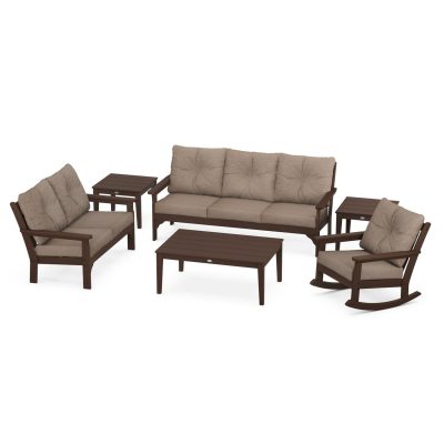 POLYWOOD Vineyard 6-Piece Deep Seating Set w/ Rocker – Mahogany / Spiced Burlap