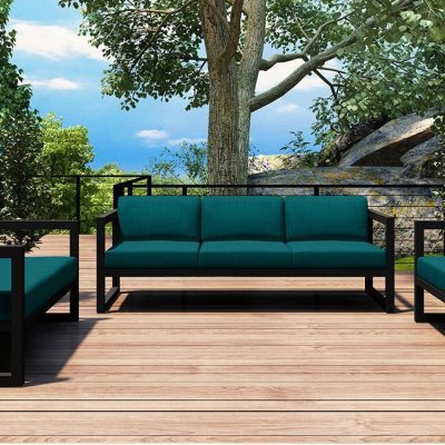 Misty Cove 3 Pc Aluminum Sofa Set in Slate W/ Spectrum Peacock Cushions By Lakeview