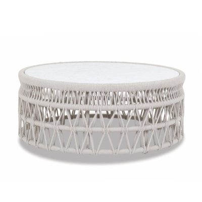 Sunset West Dana 41-Inch Round Olefin Rope Patio Coffee Table W/ Honed Carrara Marble Top