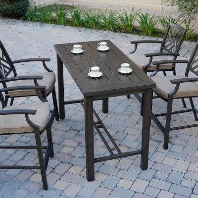 Darlee Brooklyn 5 Piece Patio Counter Height Bar Set W/ 58 X 28-Inch Rectangular Serving Table & Sesame Cushions