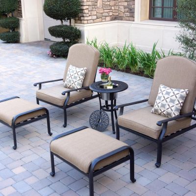 Darlee Elisabeth 5 Piece Cast Aluminum Patio Conversation Set W/ Ice Bucket Insert & Sesame Cushions