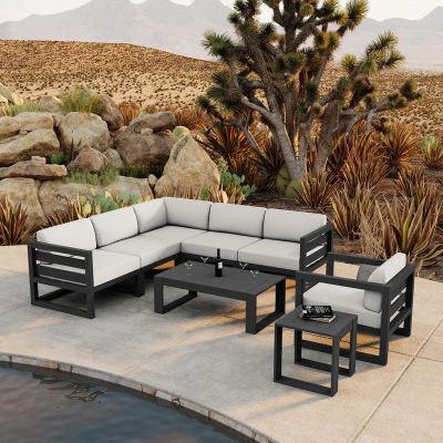 Misty Cove 8 Pc Aluminum Sectional Set in Slate W/ Canvas Natural Cushions By Lakeview