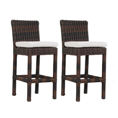 Montecito 2 Piece Wicker Patio Counter Height Bar Stool Set W/ Sunbrella Canvas Flax Cushions By Sunset West