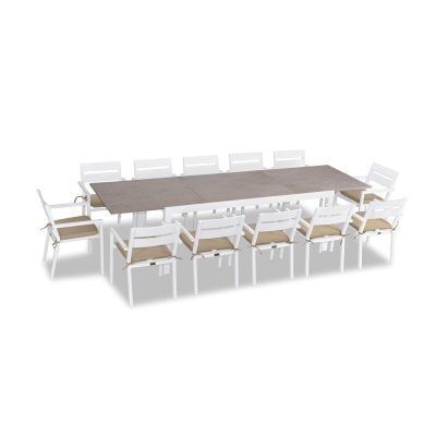 Calm Bay 13 Pc Extendable Dining Set in White/Barnwood/Heather Beige by Lakeview