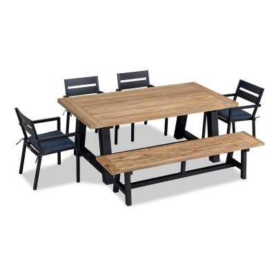 Calm Bay Mill 7 Pc Reclaimed Teak Dining Set w/ Bench in Black/Spectrum Indigo by Lakeview