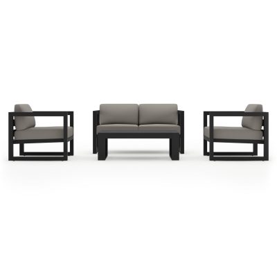 Misty Cove 4 Pc Aluminum Loveseat Set in Black W/ Canvas Charcoal Cushions & Long Coffee Table By Lakeview