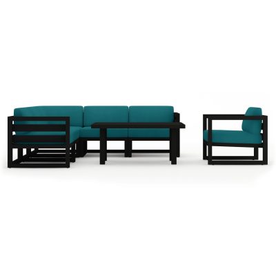 Misty Cove 7 Pc Aluminum Sectional Set in Black W/ Spectrum Peacock Cushions & Classic Chat Table By Lakeview