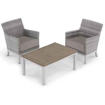 Argento 3 Piece Wicker Patio Conversation Set W/ Tekwood Vintage Coffee Table & Stone Cushions By Oxford Garden