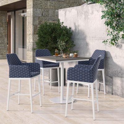 Oland 5 Pc Aluminum Bar Set W/ Vintage Tekwood Table Top in Chalk/Quilted Spectrum Indigo By Oxford Garden