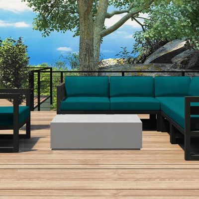 Misty Cove 7 Pc Aluminum Sectional Set in Slate W/ Spectrum Peacock Cushions & Long Coffee Table By Lakeview