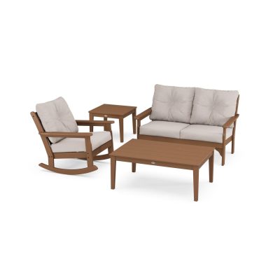 POLYWOOD Vineyard 4-Piece Deep Seating Rocker Set – Teak / Dune Burlap