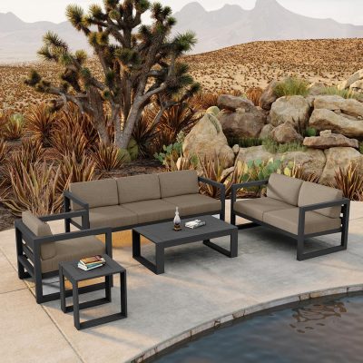 Misty Cove 5 Pc Aluminum Sofa Set in Slate W/ Heather Beige Cushions By Lakeview