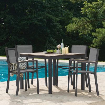 Travira 5 Pc Composite Sling & Aluminum Dining Set W/ Vintage Tekwood Arm Caps & Table Top in Carbon/Titanium By Oxford Garden