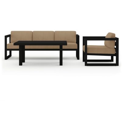 Misty Cove 3 Pc Aluminum Sofa Set in Black W/ Heather Beige Cushions & Classic Chat Table By Lakeview