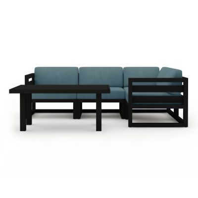 Misty Cove 5 Pc Aluminum Sectional Set in Black W/ Cast Lagoon Cushions & Classic Chat Table By Lakeview