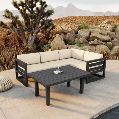 Misty Cove 5 Pc Aluminum Sectional Set in Slate W/ Canvas Flax Cushions & Classic Chat Table By Lakeview