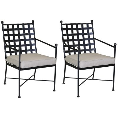 Provence 2 Piece Wrought Iron Patio Dining Arm Chair Set W/ Sunbrella Canvas Flax Cushions By Sunset West