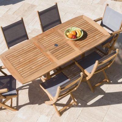 Sailmate 7 Piece Teak Patio Dining Set W/ 60 X 35 Inch Rectangular Extension Table By Royal Teak Collection – Gray Sling