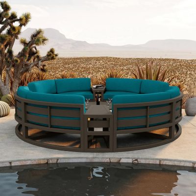 Misty Cove 7 Pc Aluminum Curve Loveseat Set in Slate W/ Spectrum Peacock Cushions By Lakeview