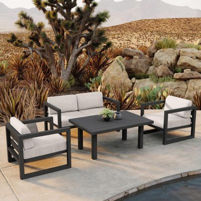 Misty Cove 4 Pc Aluminum Loveseat Set in Slate W/ Cast Silver Cushions By Lakeview