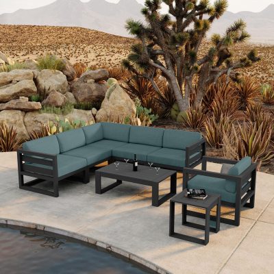 Misty Cove 8 Pc Aluminum Sectional Set in Slate W/ Cast Lagoon Cushions By Lakeview