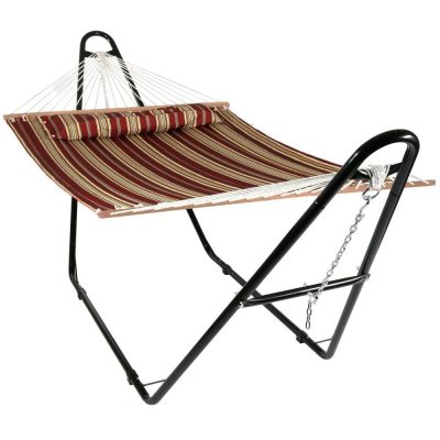 Ultimate Patio Quilted Double Hammock w/ Pillow & Universal Stand – Red Stripe