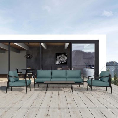 Midnight Cove 4 Pc Aluminum Sofa Seating Set in Black/Carbon/Cast Lagoon By Lakeview Outdoor Designs