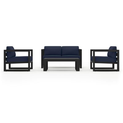 Misty Cove 4 Pc Aluminum Loveseat Set in Black W/ Spectrum Indigo Cushions & Long Coffee Table By Lakeview