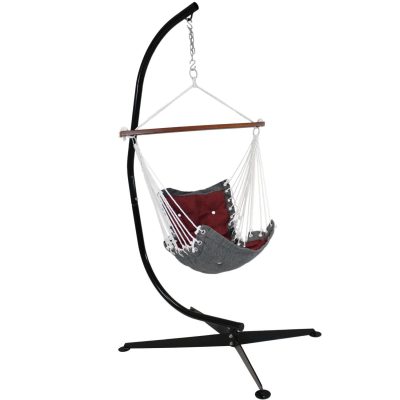 Ultimate Patio Tufted Victorian Hanging Hammock Swing w/ C-Stand – Red