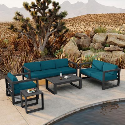 Misty Cove 5 Pc Aluminum Sofa Set in Slate W/ Spectrum Peacock Cushions By Lakeview