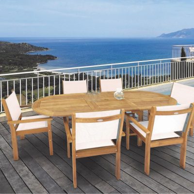 Captiva 7 Piece Teak Patio Dining Set W/ 72 X 39 Inch Oval Extension Table By Royal Teak Collection – White Sling