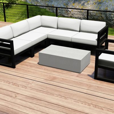 Misty Cove 7 Pc Aluminum Sectional Set in Black W/ Canvas Natural Cushions & Long Coffee Table By Lakeview