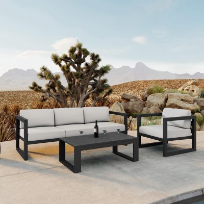 Misty Cove 3 Pc Aluminum Sofa Set in Slate W/ Canvas Natural Cushions & Portal Coffee Table By Lakeview