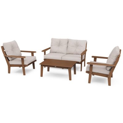 POLYWOOD Lakeside 4-Piece Deep Seating Set – Teak / Dune Burlap