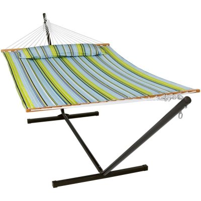 Ultimate Patio Quilted Hammock w/ Stand & Spreader Bars – Blue & Green