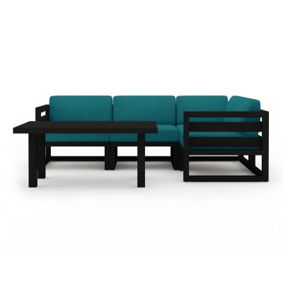 Misty Cove 5 Pc Aluminum Sectional Set in Black W/ Spectrum Peacock Cushions & Classic Chat Table By Lakeview