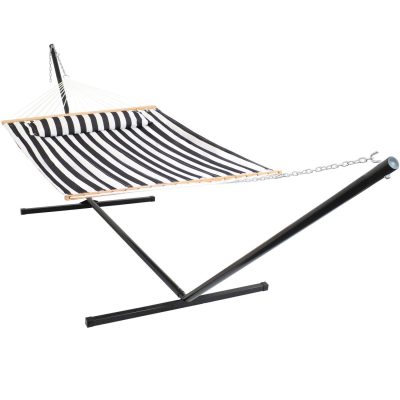 Ultimate Patio Quilted Double Hammock w/ 15-Foot Steel Beam Stand & Pillow – Black Stripe