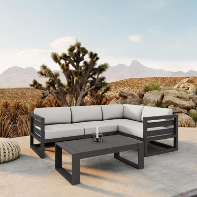 Misty Cove 5 Pc Aluminum Sectional Set in Slate W/ Canvas Natural Cushions & Portal Coffee Table By Lakeview